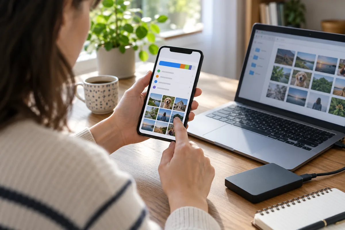 Téléphone affichant la répartition de son stockage et des photos, avec un ordinateur portable et un disque externe à côté.