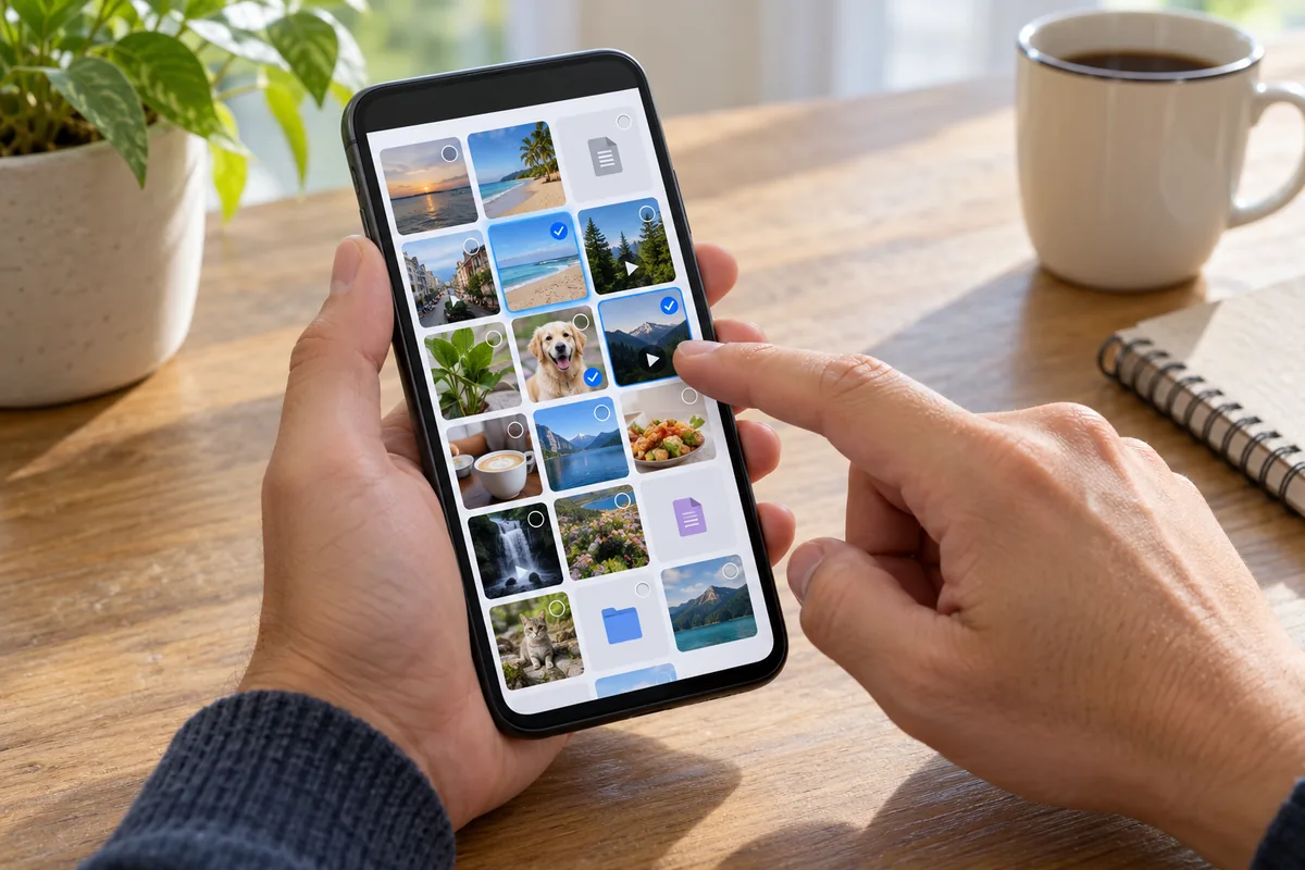 Galerie de téléphone où l'on sélectionne une à une photos, vidéos et documents en les cochant avant de les supprimer.