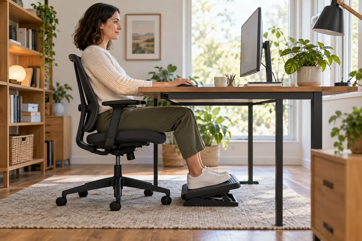 Femme travaillant à son bureau, dos appuyé au dossier, pieds posés à plat sur un repose-pieds incliné sous la table.