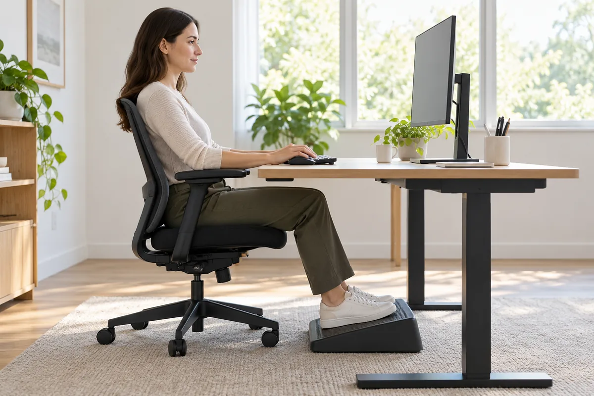 Vue de profil d'une femme assise, les deux pieds sur un repose-pieds, cuisses horizontales et dos contre le dossier.