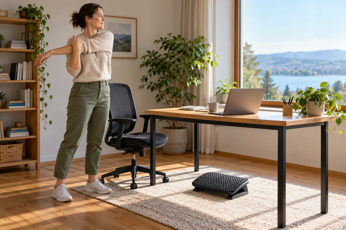 Femme debout s'étirant l'épaule près de son poste de travail, le repose-pieds laissé au sol sous le bureau.