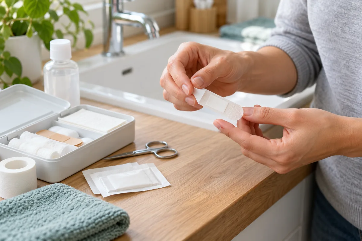 Des mains tiennent un pansement adhésif par ses bords près d'un lavabo, à côté d'une trousse de soins, de compresses et de ciseaux.