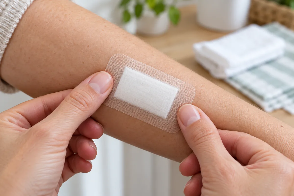 Un pansement adhésif transparent est posé sur un avant-bras, avec une compresse blanche centrée sur la coupure.