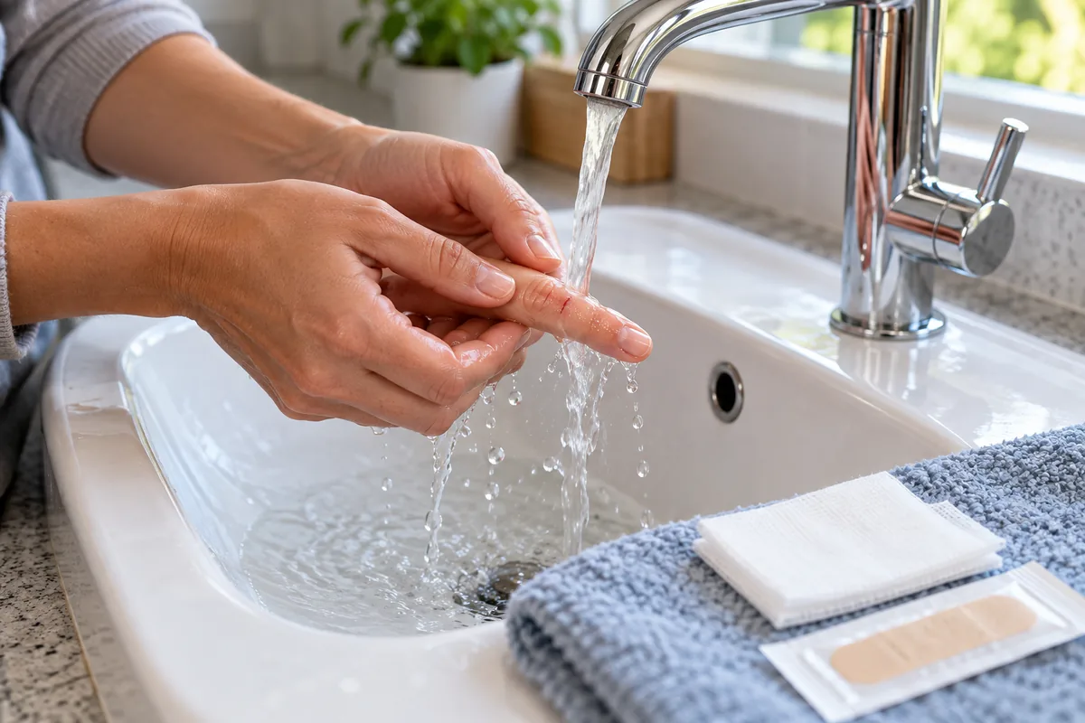 Un doigt est rincé sous l'eau claire du robinet, au-dessus d'un lavabo, avec une compresse et un pansement prêts sur une serviette.