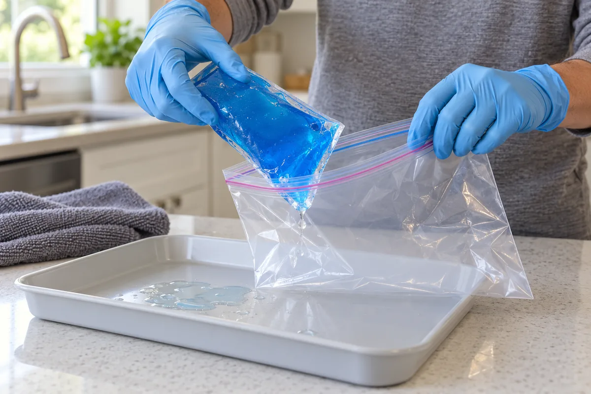 Des mains gantées glissent une poche de gel percée, qui goutte encore, dans un sac zippé transparent au-dessus d'un bac lavable.