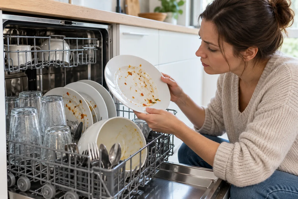 Personne examinant une assiette encore couverte de résidus alimentaires, à côté du panier d'un lave-vaisselle ouvert.