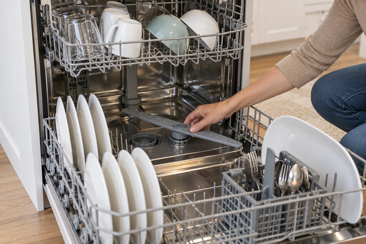 Main faisant tourner le bras de lavage d'un lave-vaisselle pour vérifier qu'aucune assiette ni aucun couvert ne le bloque.