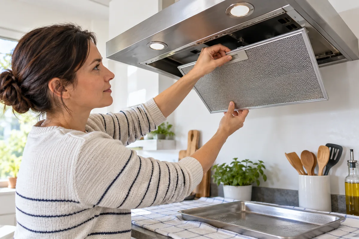 Femme décrochant à deux mains le filtre métallique d'une hotte, un plateau posé sur un torchon pour le recevoir.