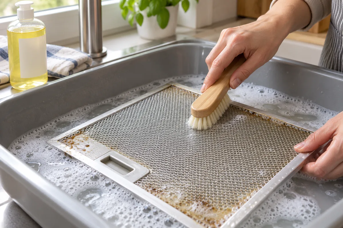 Filtre métallique de hotte trempant dans un bac d'eau savonneuse, frotté avec une brosse souple sur ses mailles grasses.