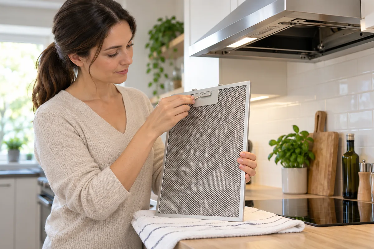 Femme examinant l'attache et le cadre d'un filtre de hotte propre posé sur un torchon, avant de le remettre en place.