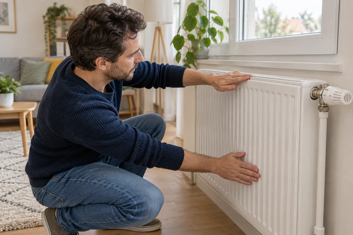 Un homme accroupi pose une main en haut et l'autre en bas d'un radiateur blanc pour comparer la chaleur des deux zones.