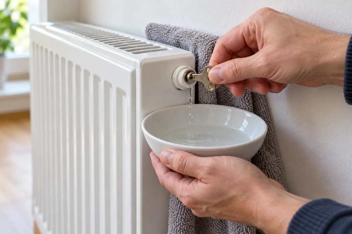 Une main ouvre le purgeur d'un radiateur avec une clé de purge pendant que l'autre tient un bol dessous, un chiffon contre le mur.