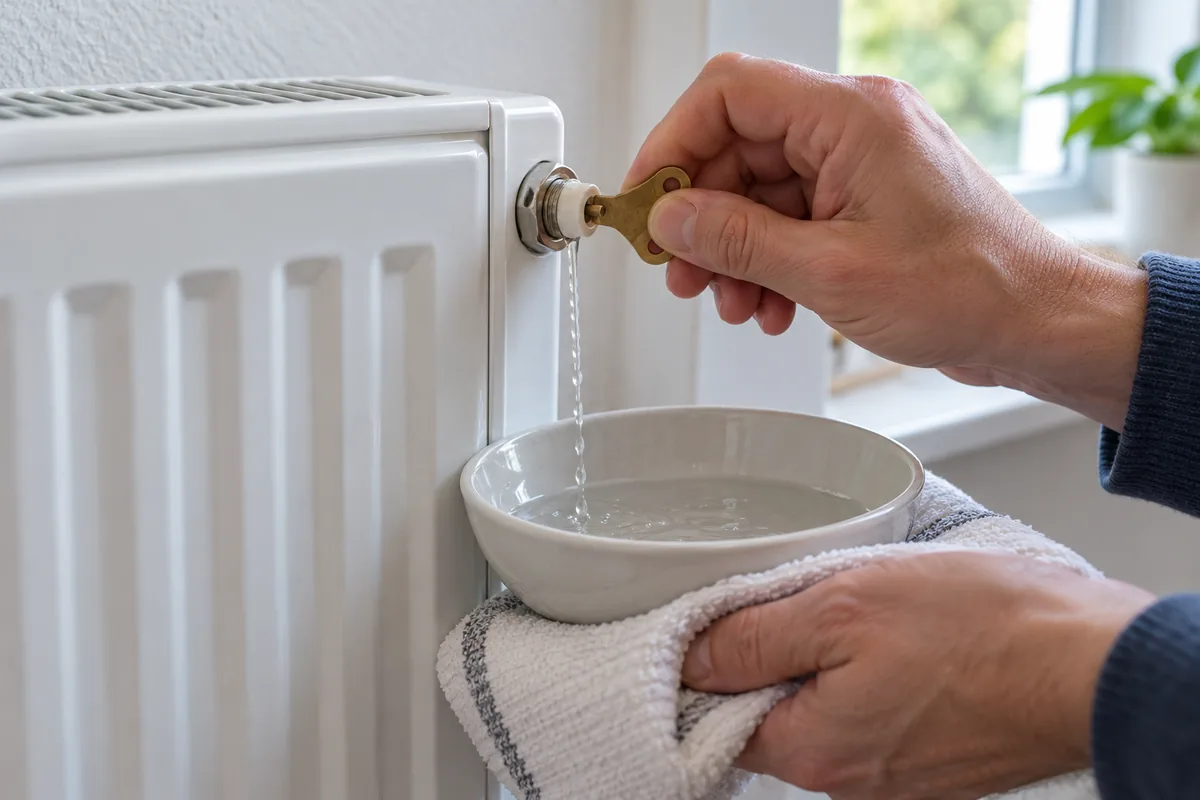 Un filet d'eau régulier s'écoule du purgeur d'un radiateur dans un bol posé sur un chiffon, la main prête à refermer la clé.