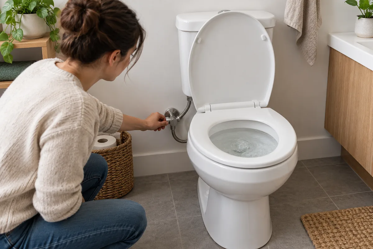 Une femme accroupie ferme le petit robinet d'arrivée d'eau situé derrière les toilettes, alors que l'eau s'agite encore dans la cuvette.