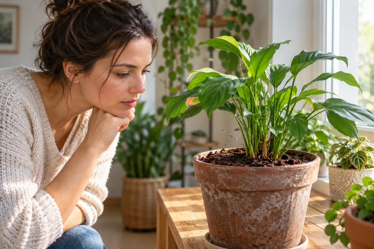 Femme observant de près quelques moucherons qui volent au-dessus du terreau d'une plante en pot près d'une fenêtre.