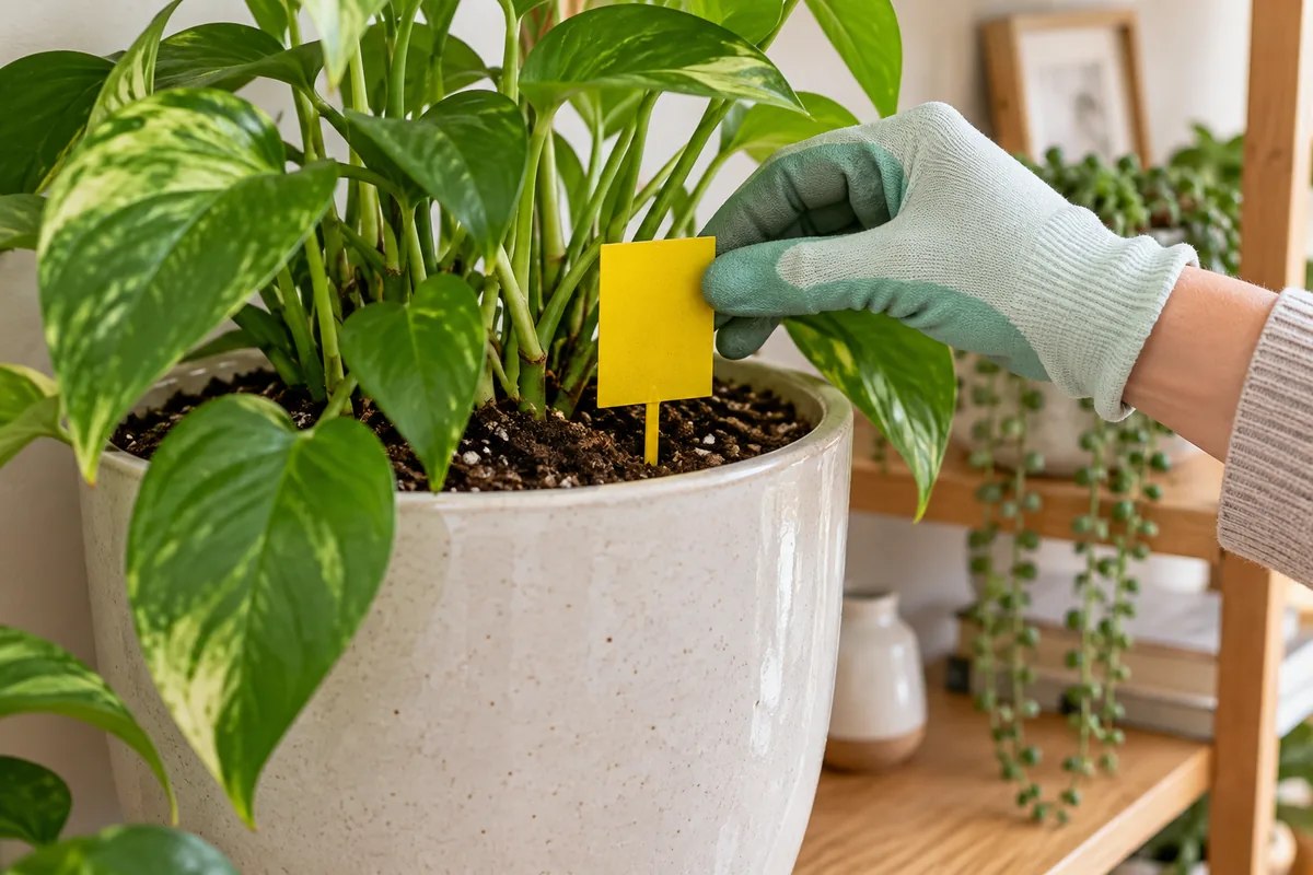 Main gantée plantant un piège englué jaune sur tige dans le terreau d'une plante d'intérieur, près des tiges.