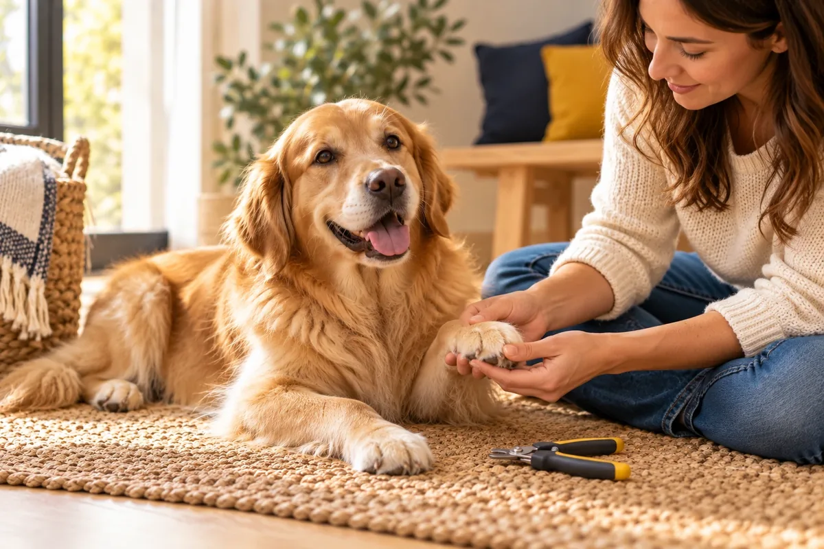 Main tenant doucement la patte d'un chien avant une coupe de griffes
