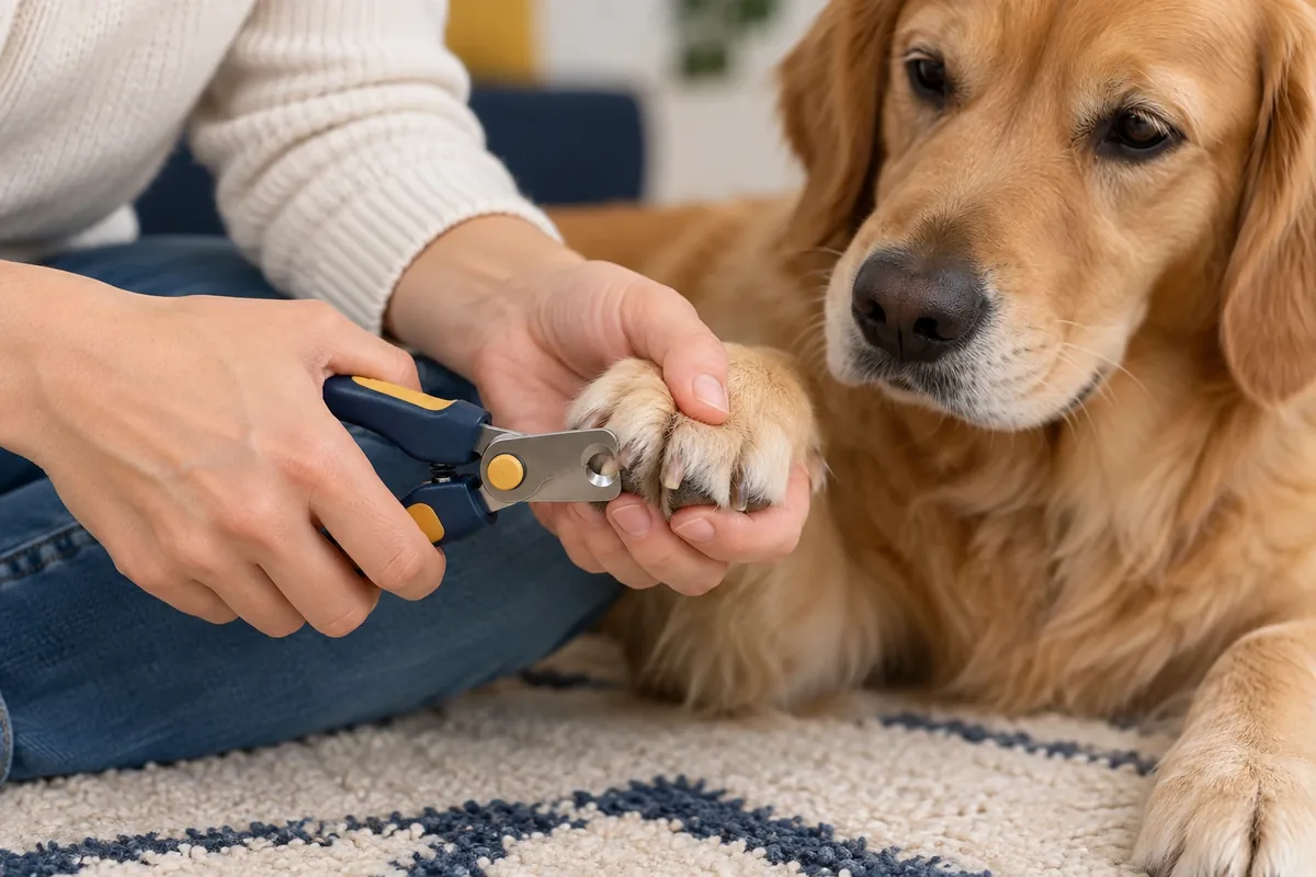 Pince à griffes positionnée perpendiculairement sur la griffe d'un chien