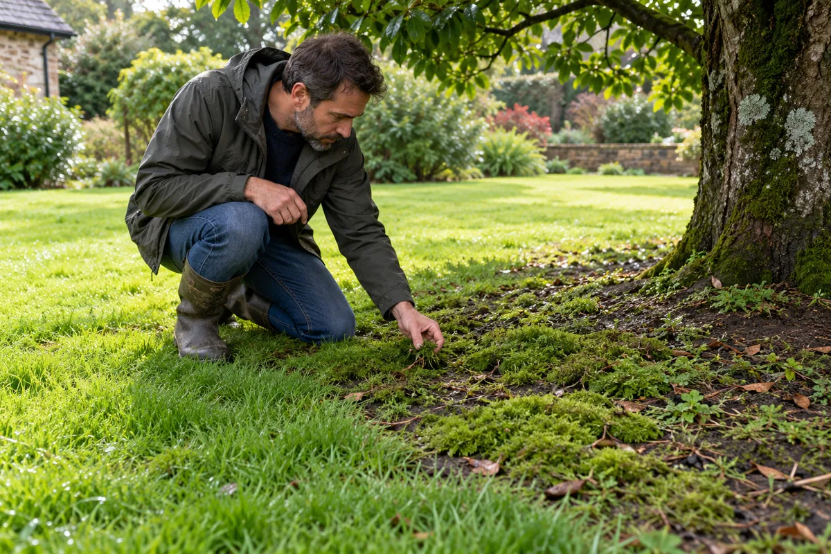 Homme accroupi observant des plaques de mousse concentrées au pied d'un arbre, dans la partie ombragée d'une pelouse.