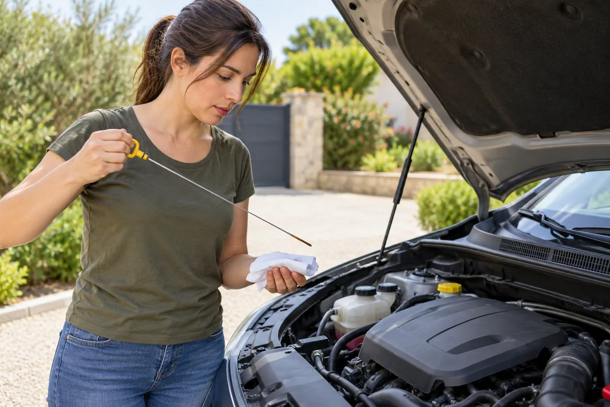 Femme tenant la jauge d'huile et un chiffon blanc devant le capot ouvert d'une voiture garée sur un sol plat.