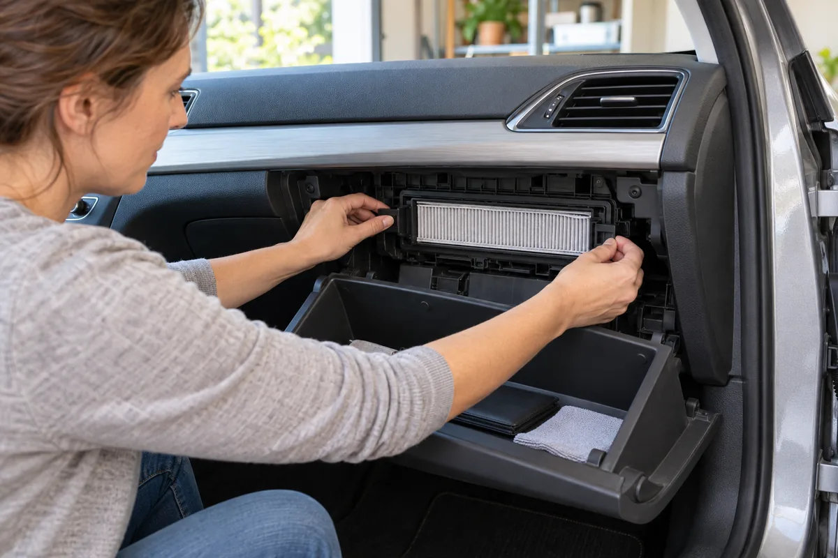 Une femme accède au filtre d'habitacle d'une voiture, logé derrière la boîte à gants abaissée, portière passager ouverte.