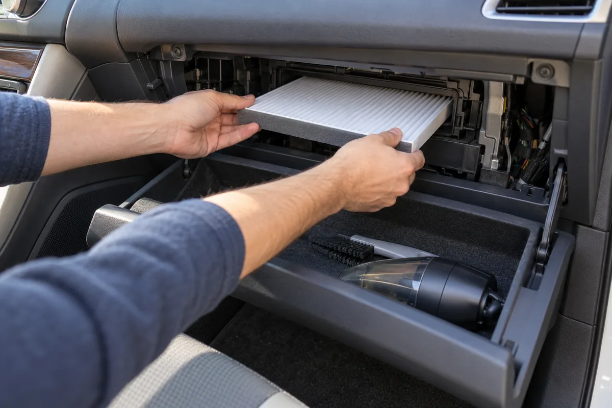 Deux mains glissent bien droit un filtre d'habitacle neuf dans son logement, derrière la boîte à gants où attendent brosse et aspirateur.