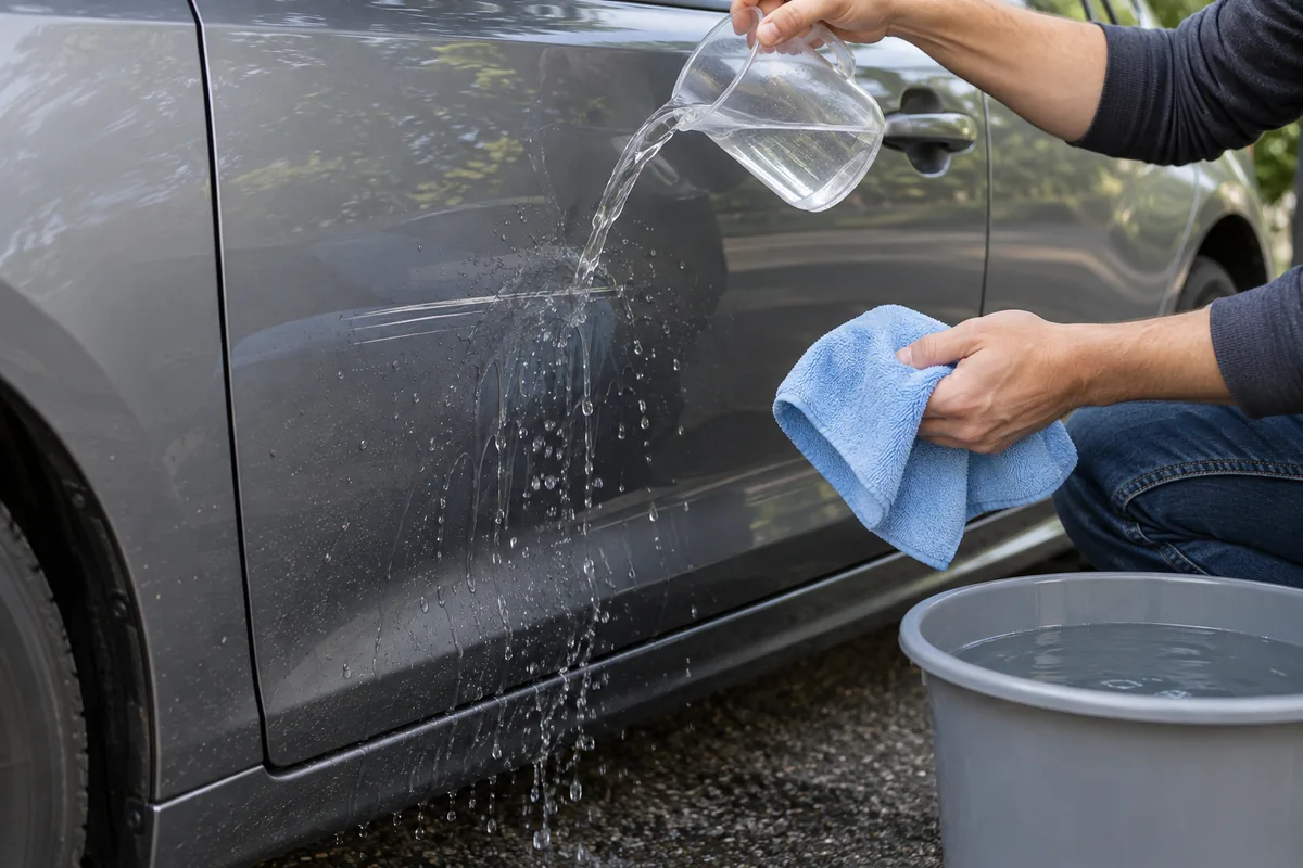 Eau versée d'un pichet sur une rayure de portière, une main tenant un chiffon microfibre bleu, seau d'eau au sol.