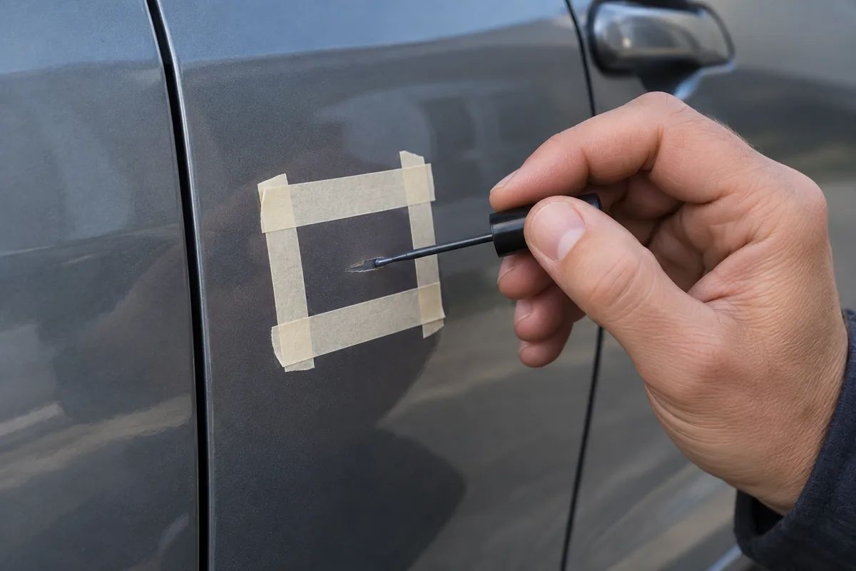 Pinceau fin de retouche appliqué sur un petit éclat de peinture, encadré de ruban de masquage sur une portière grise.