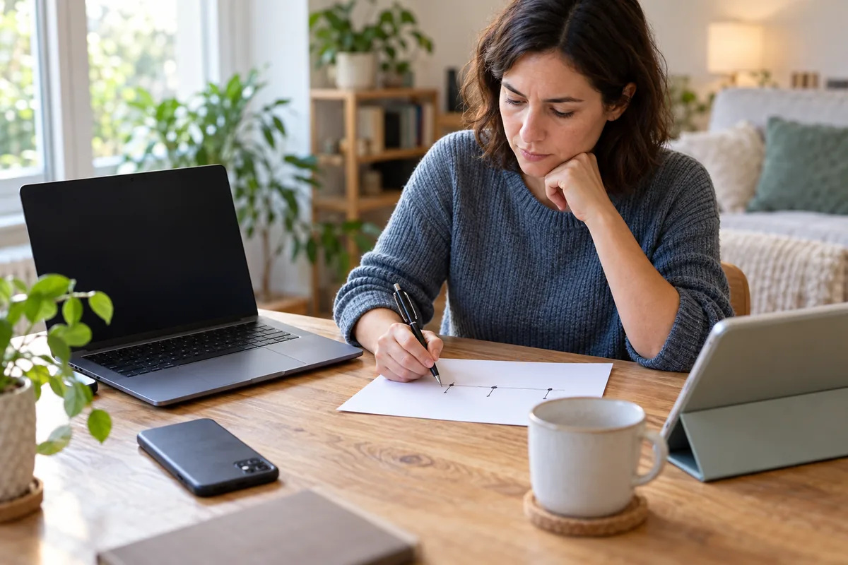 Femme notant à la main une chronologie sur une feuille, avec un ordinateur portable à l'écran éteint et un téléphone.