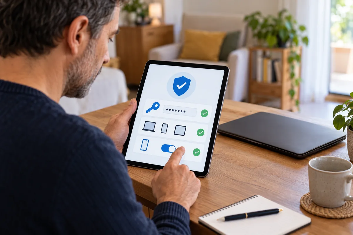 Tablette affichant la sécurisation d'un compte : mot de passe modifié, appareils connectés vérifiés, double validation activée.