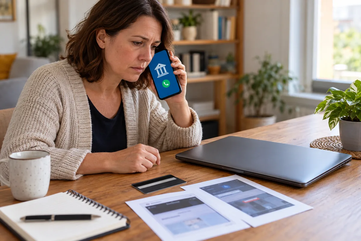 Femme appelant sa banque au téléphone, carte bancaire retournée et captures d'écran imprimées posées sur la table devant elle.