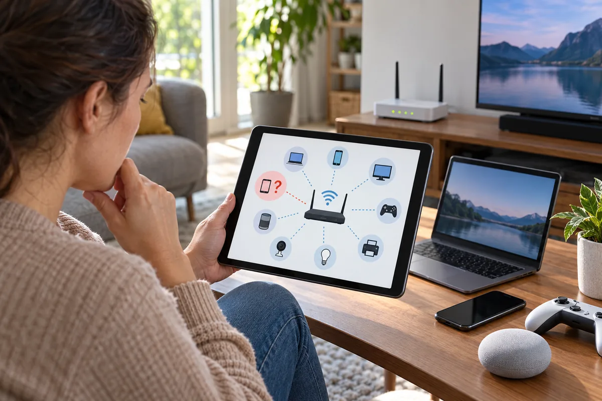 Femme observant sur sa tablette un schéma des appareils connectés à la box, dont un appareil inconnu signalé en rouge.
