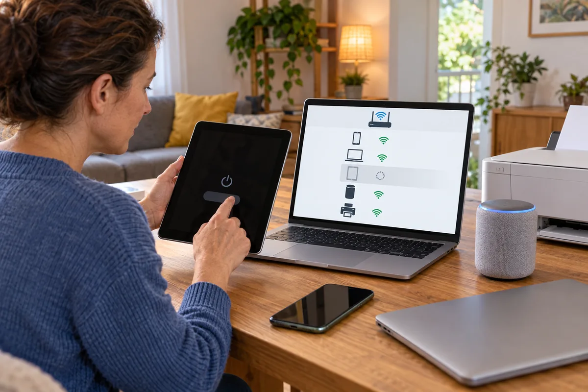 Femme éteignant une tablette pendant que l'ordinateur affiche la liste des appareils du réseau, l'un d'eux en attente.