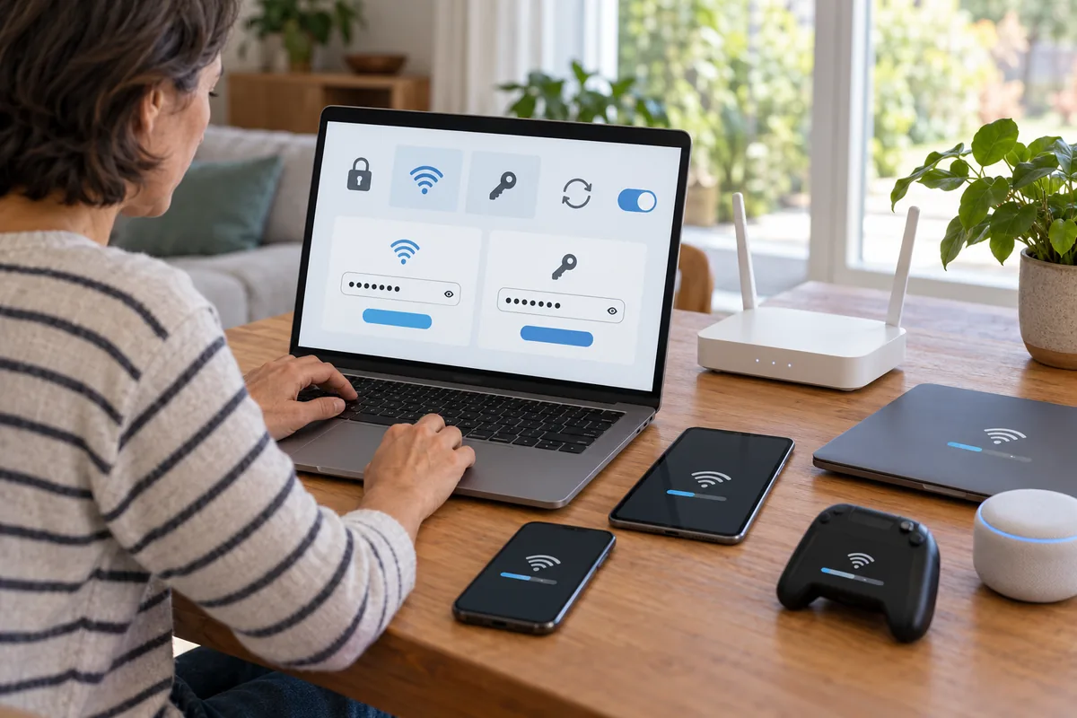 Personne modifiant deux mots de passe masqués sur son ordinateur, pendant que téléphones et manette se reconnectent.