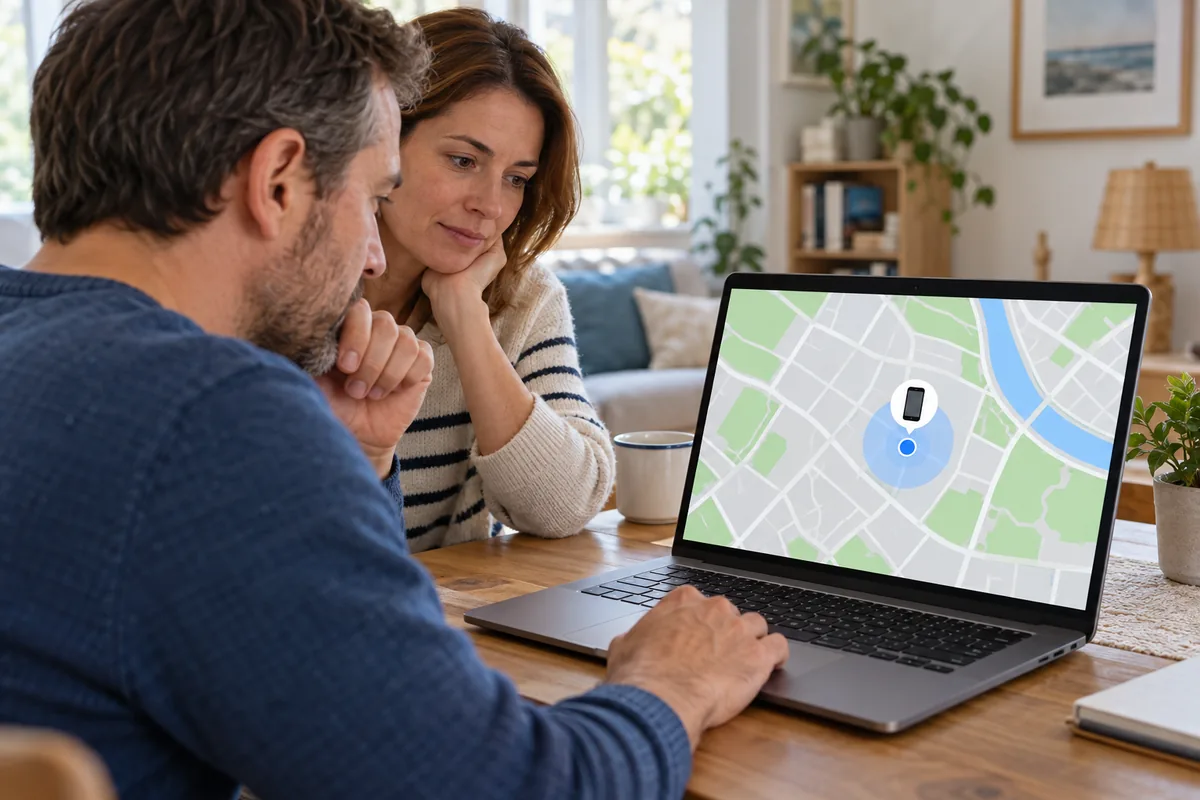 Un couple observe sur un ordinateur portable une carte où un repère en forme de téléphone indique la position de l'appareil.