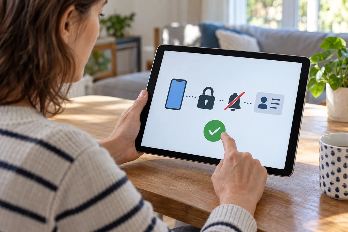 Une femme valide sur une tablette le verrouillage à distance : téléphone, cadenas, notifications coupées et fiche de contact.