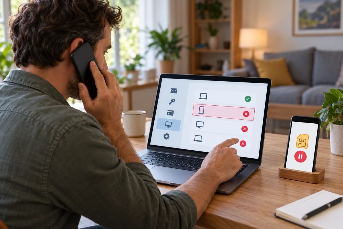 Un homme au téléphone ferme les sessions d'appareils sur son portable, tandis qu'un smartphone affiche une carte SIM suspendue.
