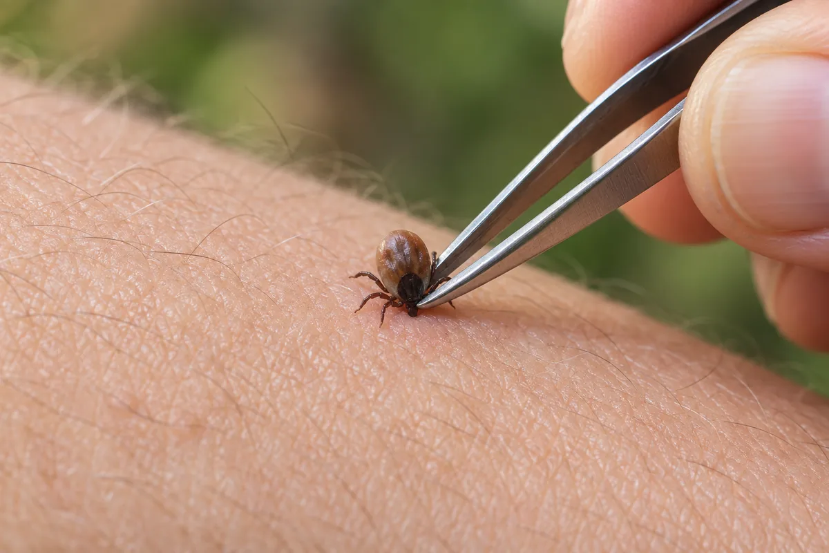 Gros plan d'une pince fine qui saisit une tique au ras de la peau, par sa base, sans écraser son corps.
