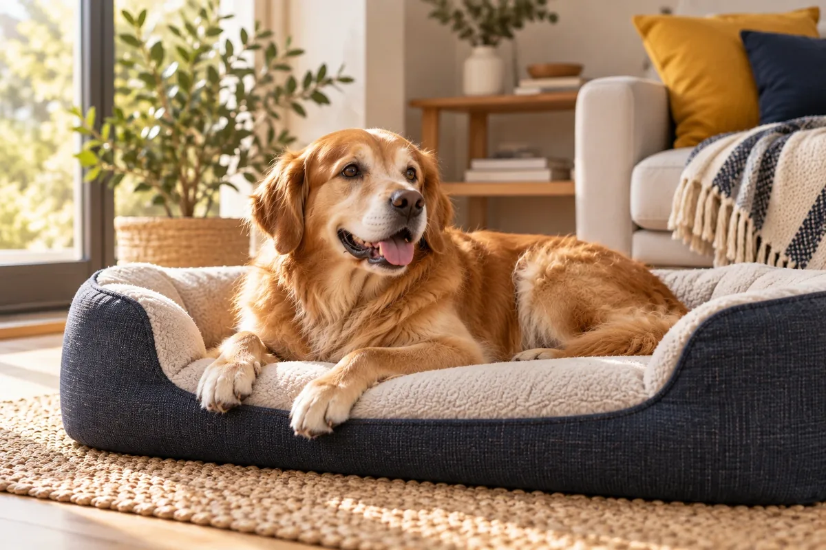 Chien âgé allongé dans un panier orthopédique bas et confortable