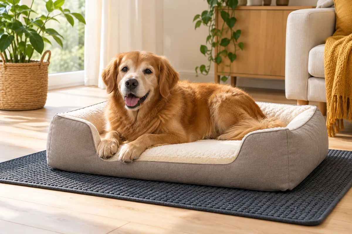 Panier orthopédique à entrée basse posé sur un tapis antidérapant