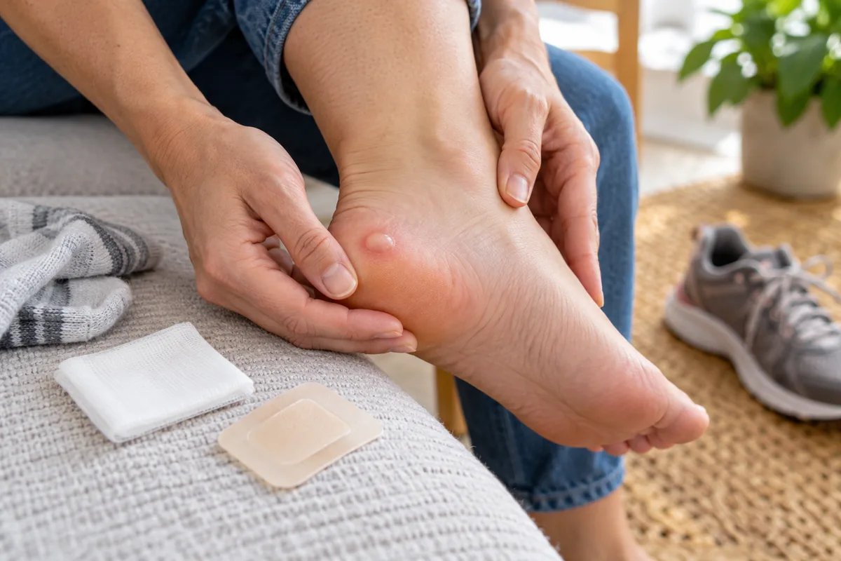 Personne observant une ampoule intacte au talon, avec chaussette, compresse et pansement posés à côté, la chaussure au sol.