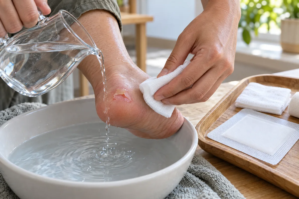 Eau propre versée doucement sur une ampoule ouverte au talon, pendant qu'une compresse tamponne la peau autour.