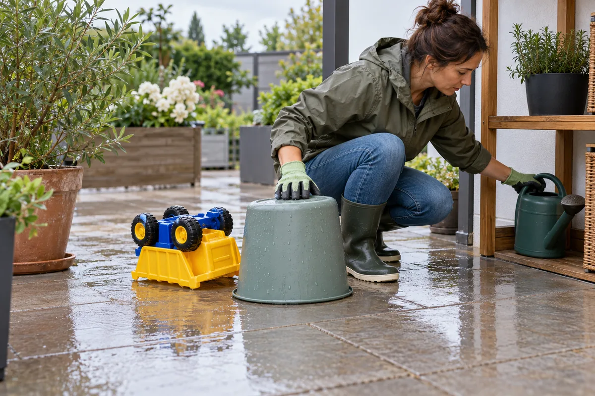 Une femme range un arrosoir sous abri sur une terrasse mouillée, après avoir retourné un seau et un camion-jouet pour les vider.