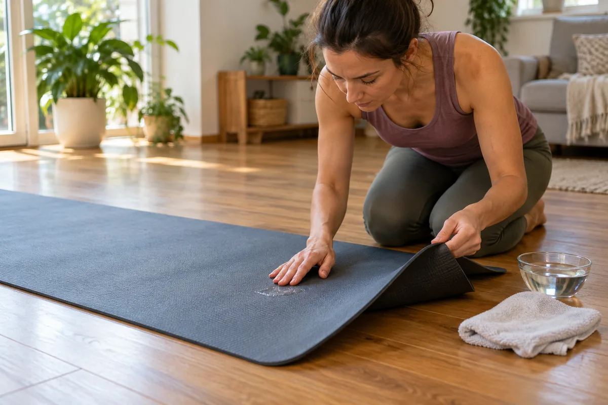 Femme agenouillée soulevant le coin d'un tapis de yoga pour inspecter le dessous, près d'une trace brillante.
