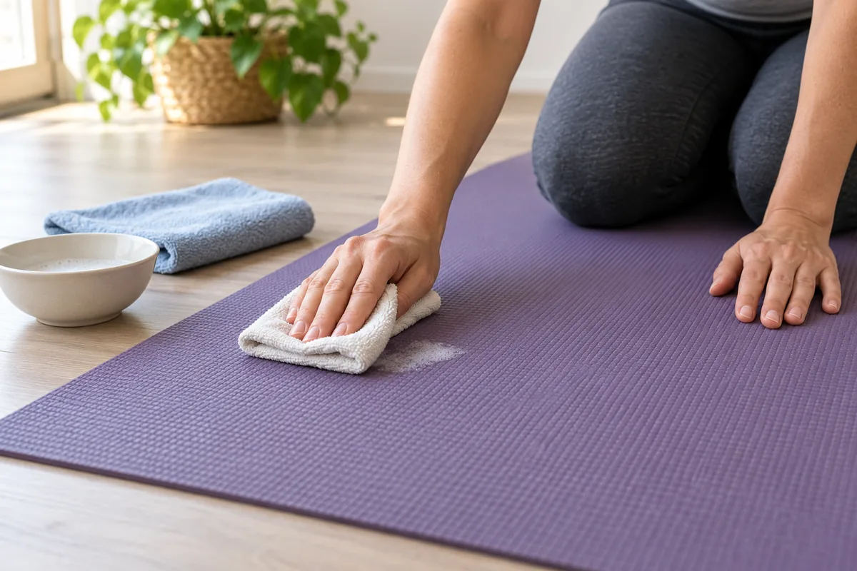 Main essuyant une petite zone d'un tapis de yoga violet avec un chiffon humide, bol d'eau et serviette à côté.