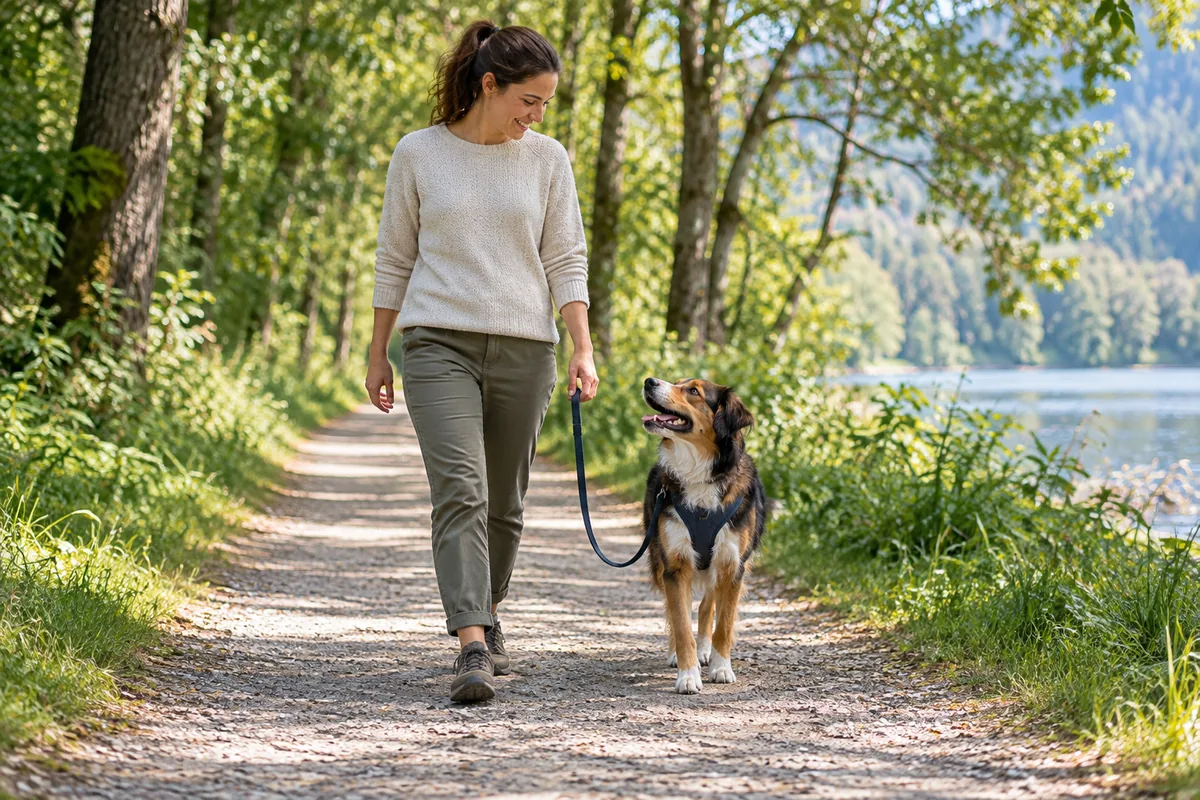 Femme marchant sur un chemin calme avec son chien en harnais qui la regarde, la laisse restant détendue.