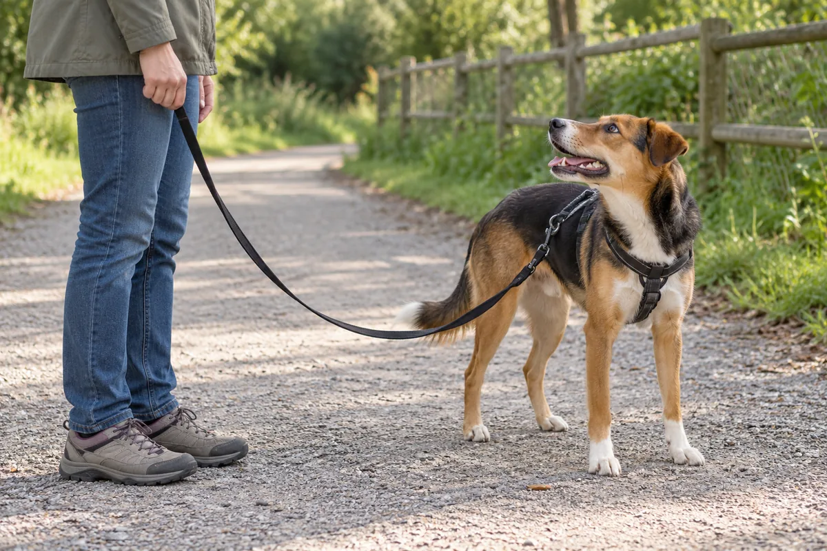 Personne arrêtée sur un chemin, chien en harnais immobile qui se retourne pour la regarder, laisse détendue entre eux.