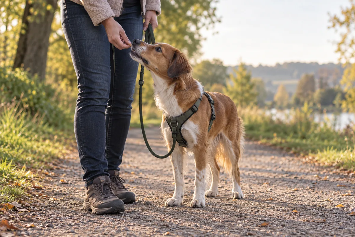 Main donnant une petite friandise à un chien en harnais placé contre la jambe, la laisse pendant souplement.