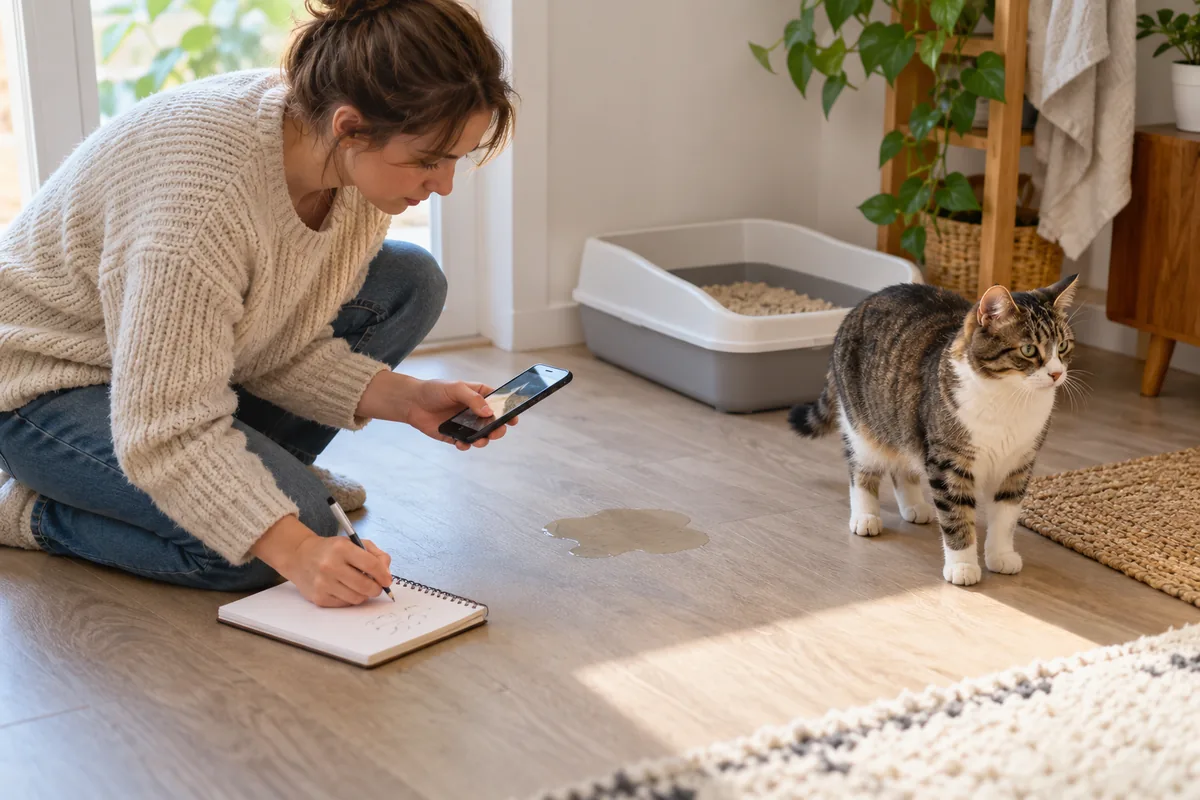 Femme assise au sol notant ses observations près d'une flaque, à côté d'un bac à litière et d'un chat tigré et blanc.