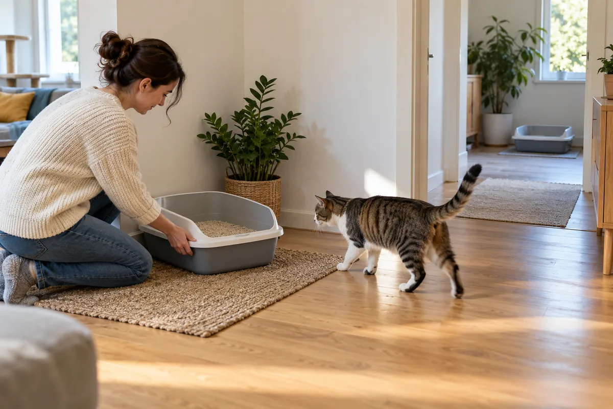 Femme installant un bac à litière propre dans un coin calme, un second bac visible dans une autre pièce, chat à proximité.